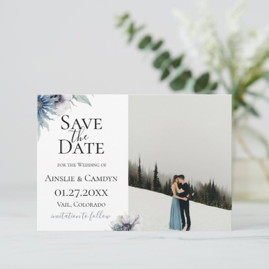 Blue Thistle Anemone Foto Save the Date Ankündigung (Stehend Vorderseite)