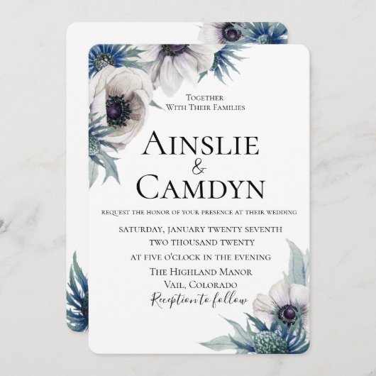 Blue Thistle Anemone Wedding Einladung (Vorne/Hinten)