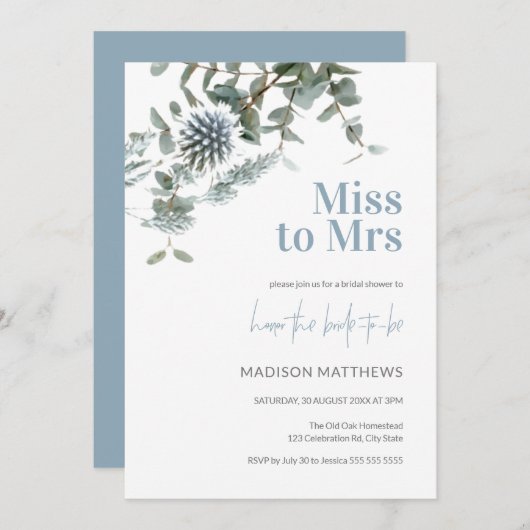 Blue Thistle Botanical Miss an Mrs. Brautparty Einladung (Vorne/Hinten)