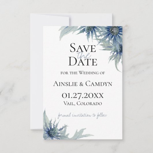 Blue Thistle Botanical Save the Date Ankündigung (Vorderseite)