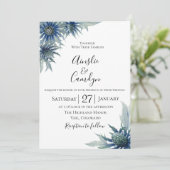 Blue Thistle Botanical Wedding Einladung (Stehend Vorderseite)