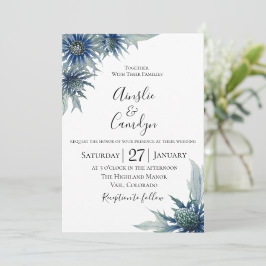 Blue Thistle Botanical Wedding Einladung (Stehend Vorderseite)