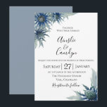 Blue Thistle Botanical Wedding Einladung<br><div class="desc">Aquarellblaue Blume und Blätter,  botanische Hochzeitseinladung. Anpassen von Text,  Schriftart,  Farbe und Größe. Die hintere Farbe in staubblauer Farbe kann auch bearbeitet werden.</div>