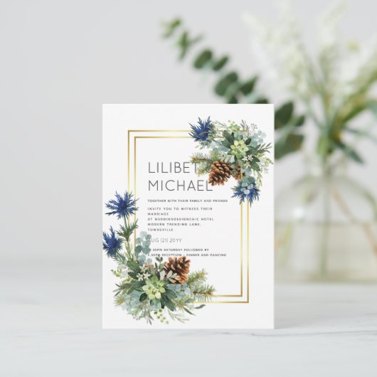 Blue Thistle Eucalyptus Wedding Wonderland Postkarte (Stehend Vorderseite)
