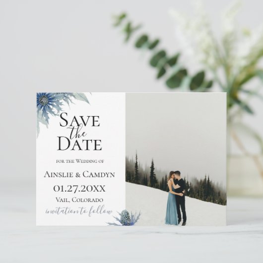 Blue Thistle Foto Save the Date Ankündigung (Stehend Vorderseite)