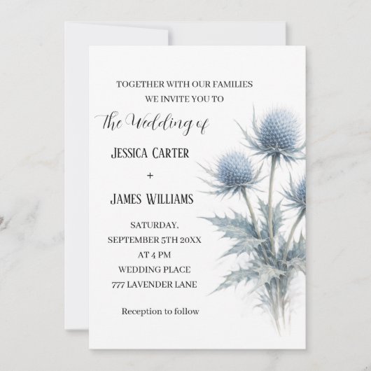 Blue Thistle Scottish Scotland Simple Wedding Einladung (Vorderseite)