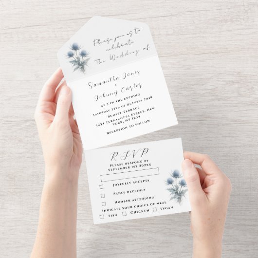 Blue Thistle Scottish Simple Floral Wedding All In One Einladung (Abreißen)