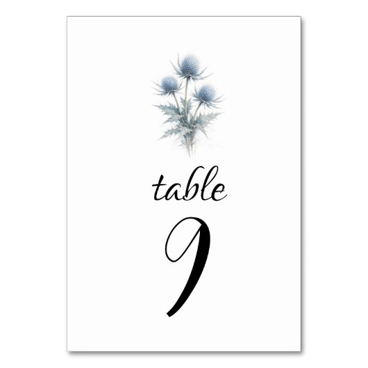 Blue Thistle Scottish Simple Floral Wedding Tischnummer (Vorderseite)