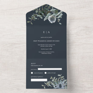 Blue Thistle Watercolor Eucalyptus Wedding All In One Einladung