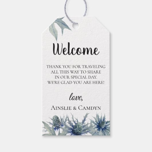 Blue Thistle Wedding Welcome Bag Geschenkanhänger (Vorderseite)