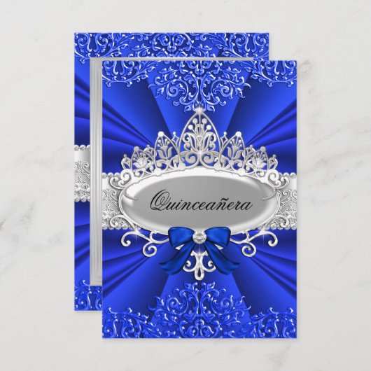 Blue Tiara & Damask Quinceanera Einladung (Vorne/Hinten)