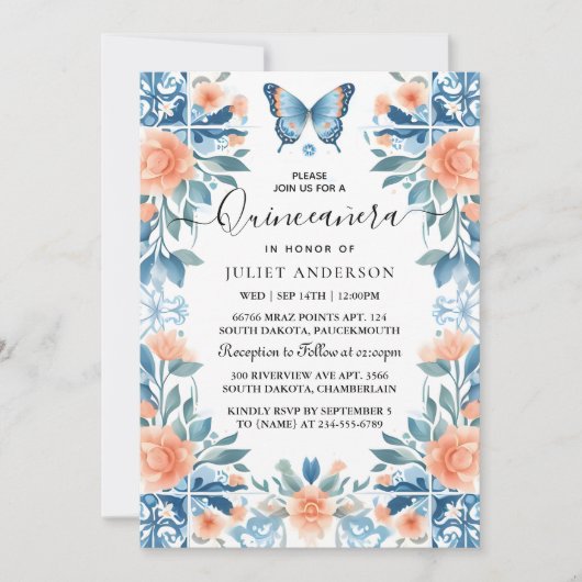 Blue Tiara Family Latina Girly Spanish Quinceanera Einladung (Vorderseite)