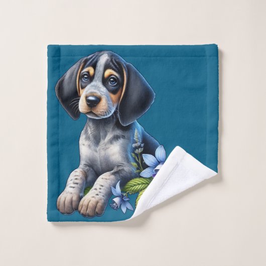 Blue Tick Hound Puppy mit zarten blauen Blüten Badhandtuch Set (Waschlappen)