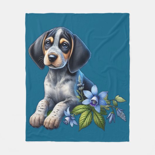 Blue Tick Hound Puppy mit zarten blauen Blüten Fleecedecke (Vorderseite)