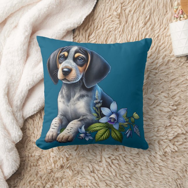 Blue Tick Hound Puppy mit zarten blauen Blüten Kissen (Decke)