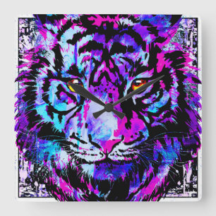 Blue Tiger Clock - farbenfrohe Tiger Head Clock Quadratische Wanduhr