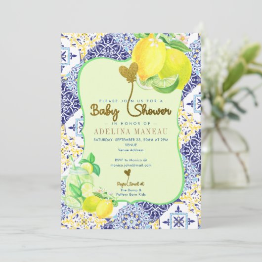 Blue Tile Azulejo Lemon Italienische Amalfi Babydu Einladung (Stehend Vorderseite)