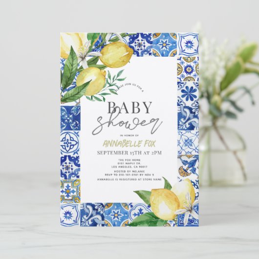 Blue Tile Citrus Lemon Baby Dusche Einladung (Stehend Vorderseite)