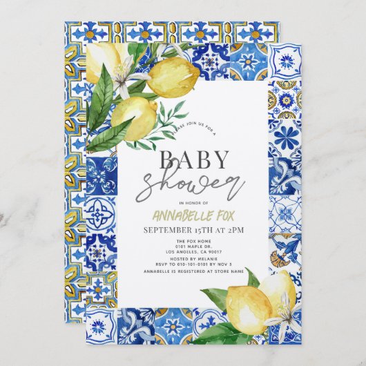 Blue Tile Citrus Lemon Baby Dusche Einladung (Vorne/Hinten)