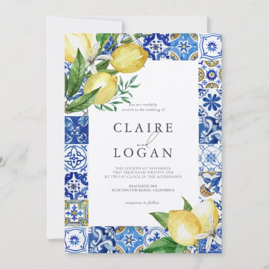 Blue Tile Citrus Lemon Wedding Einladung (Vorderseite)