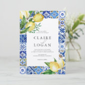 Blue Tile Citrus Lemon Wedding Einladung (Stehend Vorderseite)