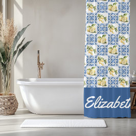 Blue Tile French Country Lemon Custom Name Duschvorhang