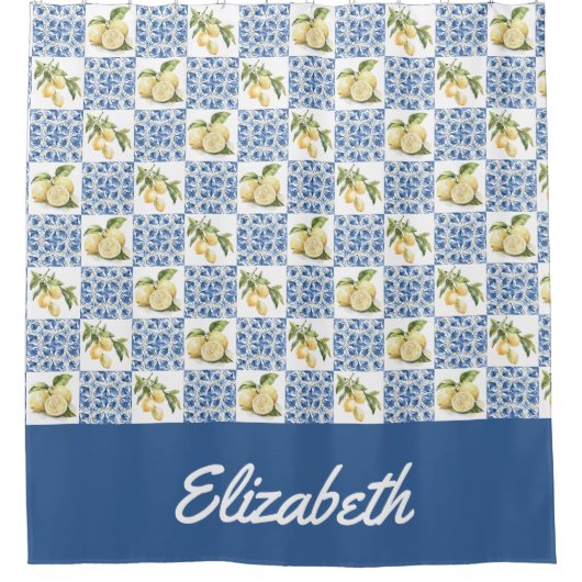 Blue Tile French Country Lemon Custom Name Duschvorhang (Vorderseite)