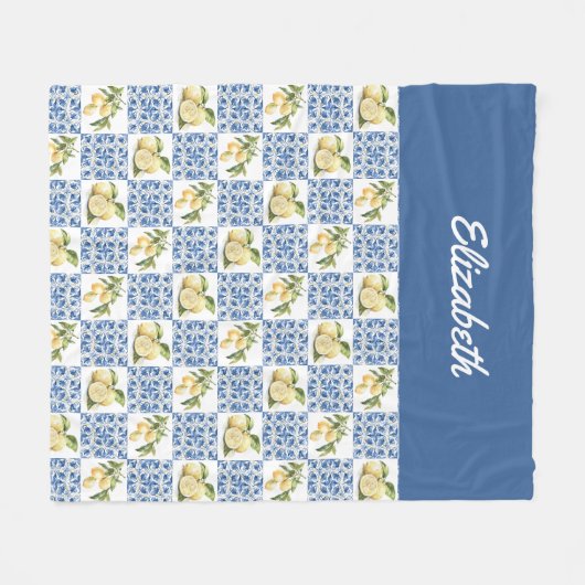Blue Tile French Country Lemon Custom Name Fleecedecke (Vorderseite (Horizontal))