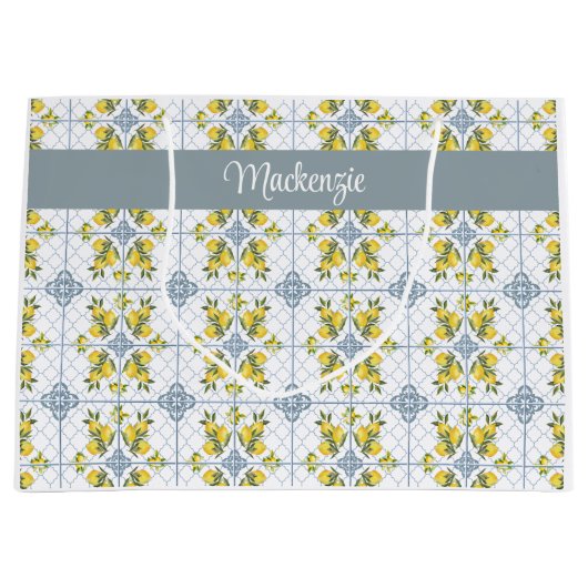 Blue Tile French Country Lemon Name Monogram Große Geschenktüte (Vorderseite)