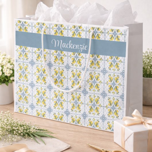 Blue Tile French Country Lemon Name Monogram Große Geschenktüte