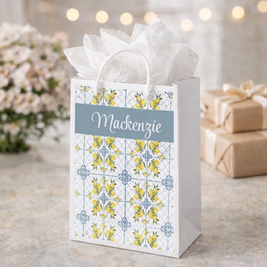 Blue Tile French Country Lemon Name Monogram Kleine Geschenktüte