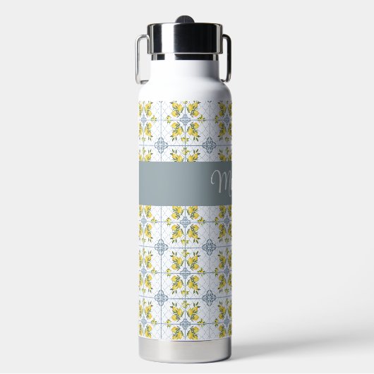 Blue Tile French Country Lemon Name Monogram Trinkflasche (Vorderseite)