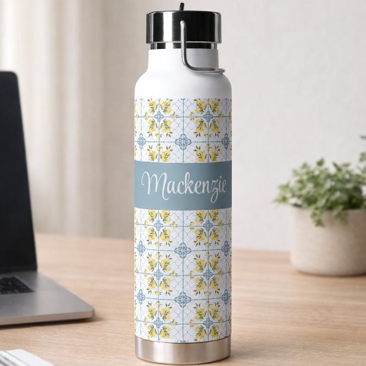 Blue Tile French Country Lemon Name Monogram Trinkflasche