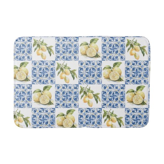 Blue Tile French Country Lemon Pattern Badematte (Vorderseite)