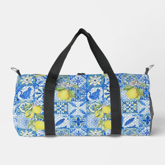 Blue Tile French Country Lemon Pattern Duffle Bag (Vorderseite)