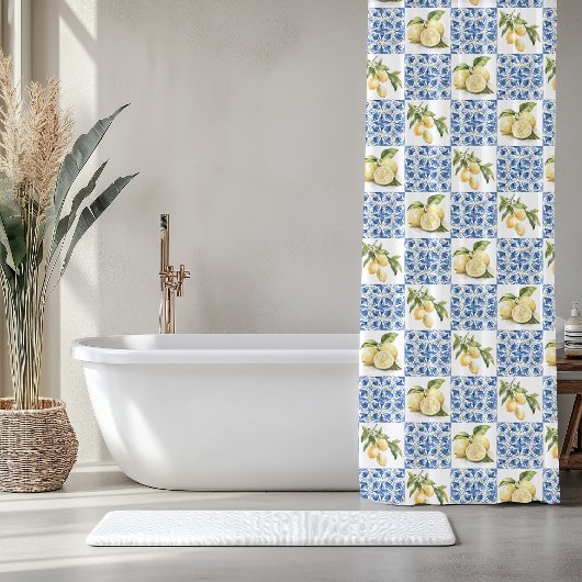 Blue Tile French Country Lemon Pattern Duschvorhang