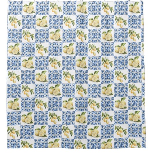 Blue Tile French Country Lemon Pattern Duschvorhang (Vorderseite)