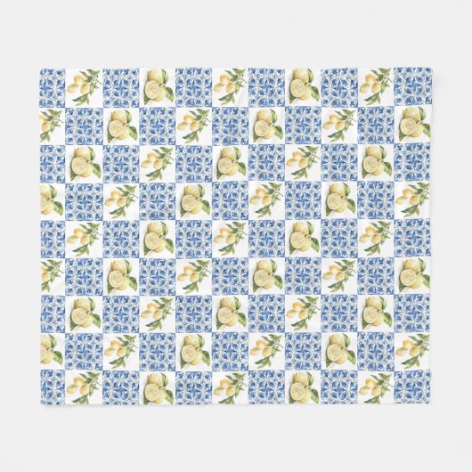 Blue Tile French Country Lemon Pattern Fleecedecke (Vorderseite (Horizontal))