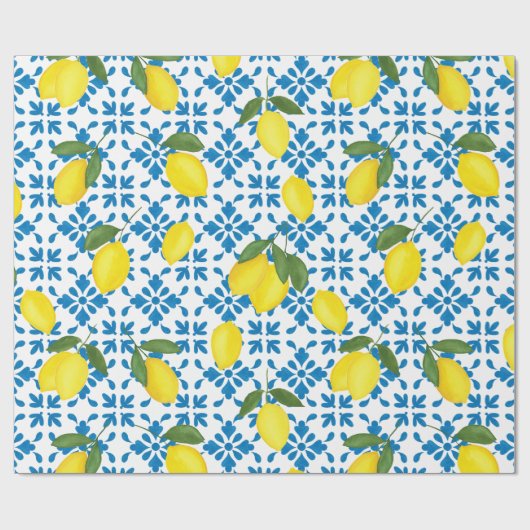 Blue Tile French Country Lemon Pattern Geschenkpapier (Flach)