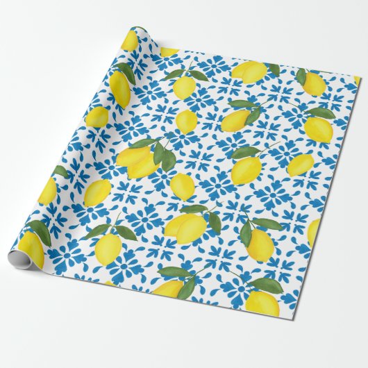 Blue Tile French Country Lemon Pattern Geschenkpapier (Ungerollt)