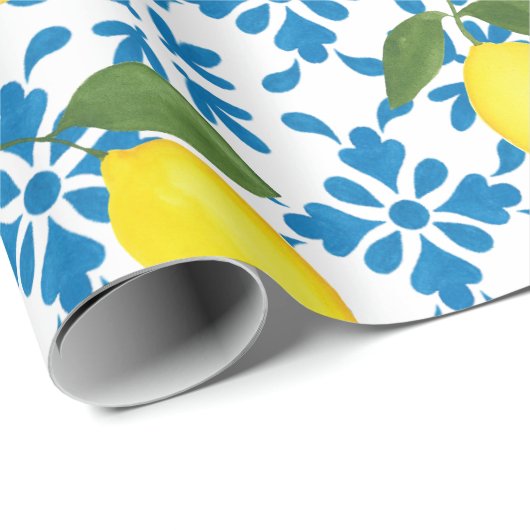 Blue Tile French Country Lemon Pattern Geschenkpapier (Rolleneckpunkt)