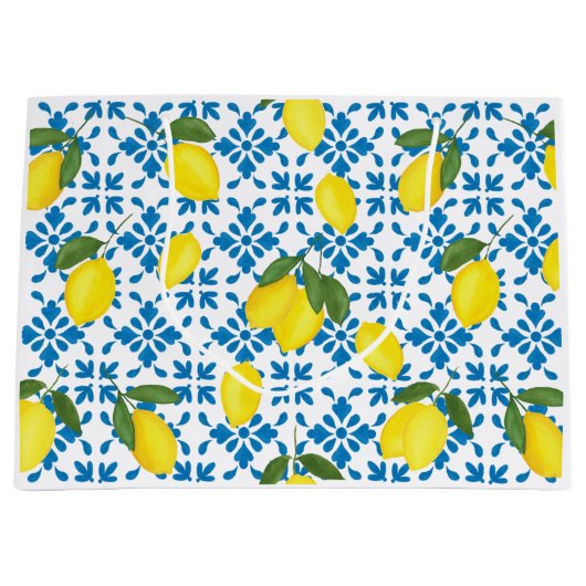 Blue Tile French Country Lemon Pattern Große Geschenktüte (Vorderseite)