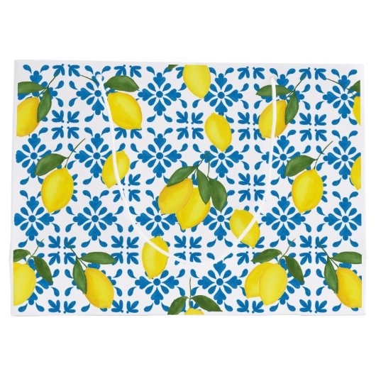 Blue Tile French Country Lemon Pattern Große Geschenktüte (Rückseite)