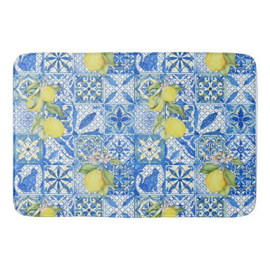 Blue Tile French Country Lemon Pattern Home Decor Badematte (Vorderseite)