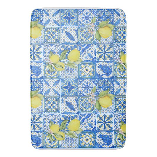 Blue Tile French Country Lemon Pattern Home Decor Badematte (Vorderseite Vertikal)