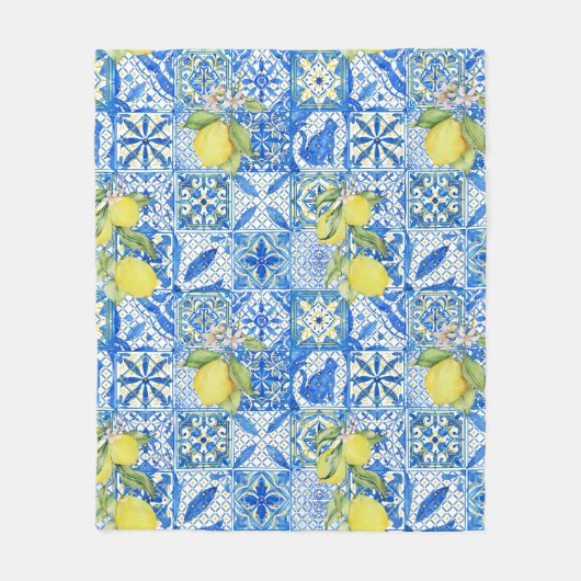 Blue Tile French Country Lemon Pattern Home Decor Fleecedecke (Vorderseite)