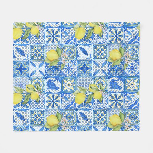 Blue Tile French Country Lemon Pattern Home Decor Fleecedecke (Vorderseite (Horizontal))