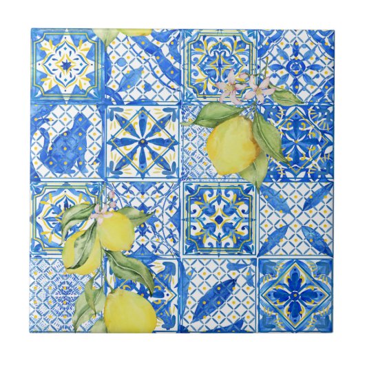 Blue Tile French Country Lemon Pattern Home Decor Fliese (Vorderseite)