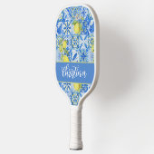 Blue Tile French Country Lemon Pattern Monogram Pickleball Schläger (Links)