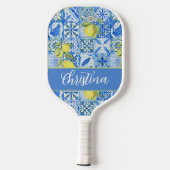 Blue Tile French Country Lemon Pattern Monogram Pickleball Schläger (Rückseite)